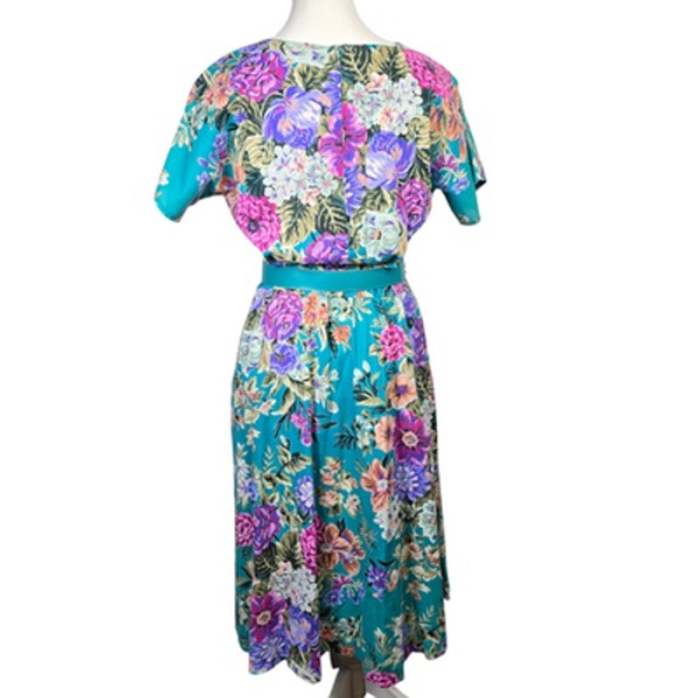 New Looks California Floral Midi Dress Size 10 Turquoise Belted Short Sleeve USA - Picture 3 of 6